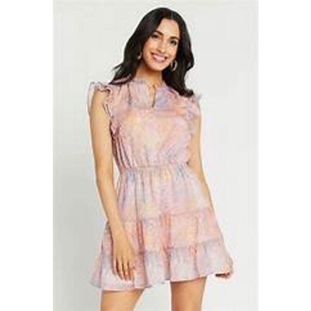 BB Dakota Dreaming of Waves Pink Animal Print Tiered Flutter Mini Dress Size XS